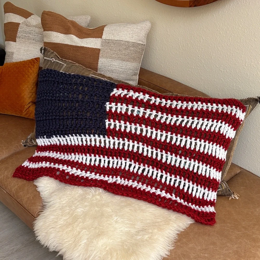 Handmade Red, White & Blue Crochet Flag Throw